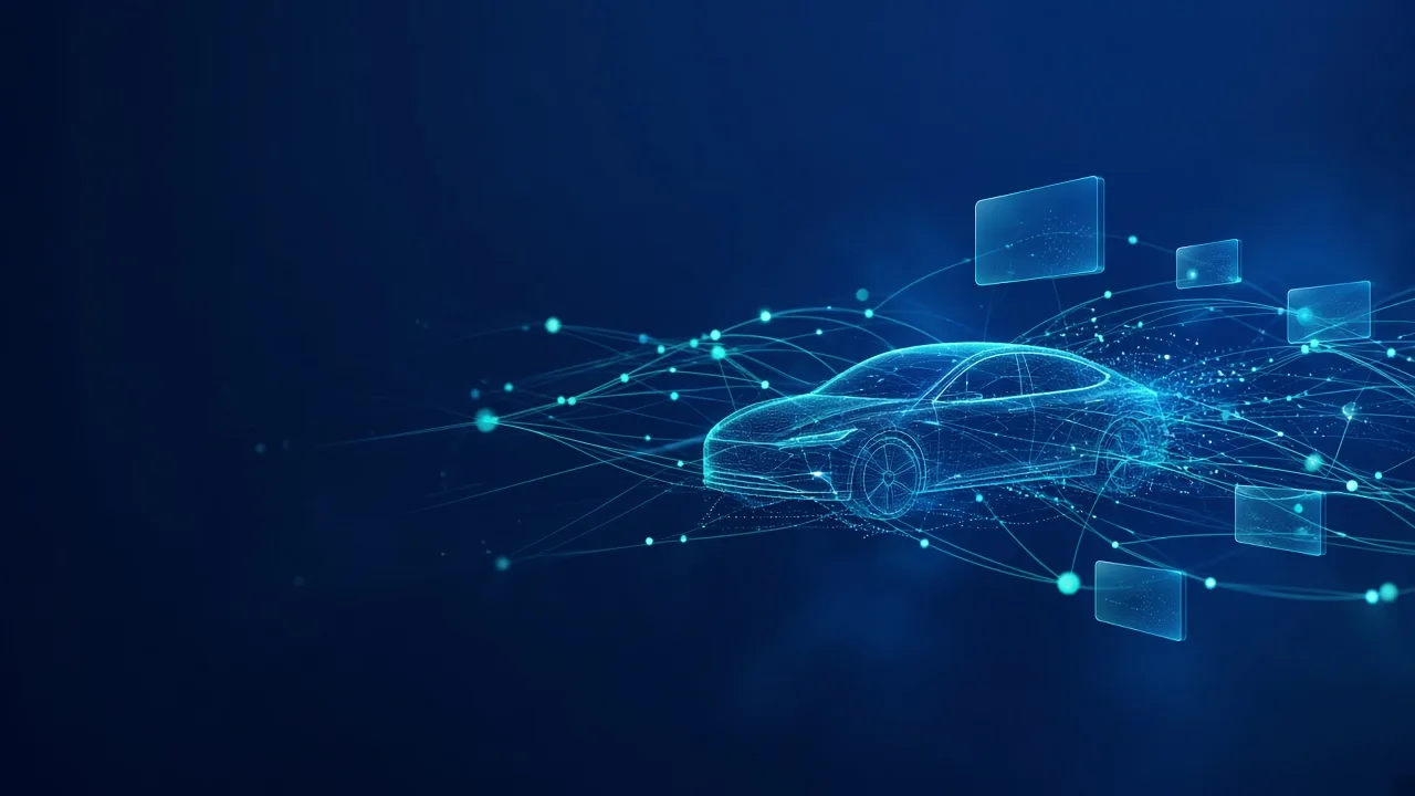 Abstract network of teal data connections forming the outline of a vehicle