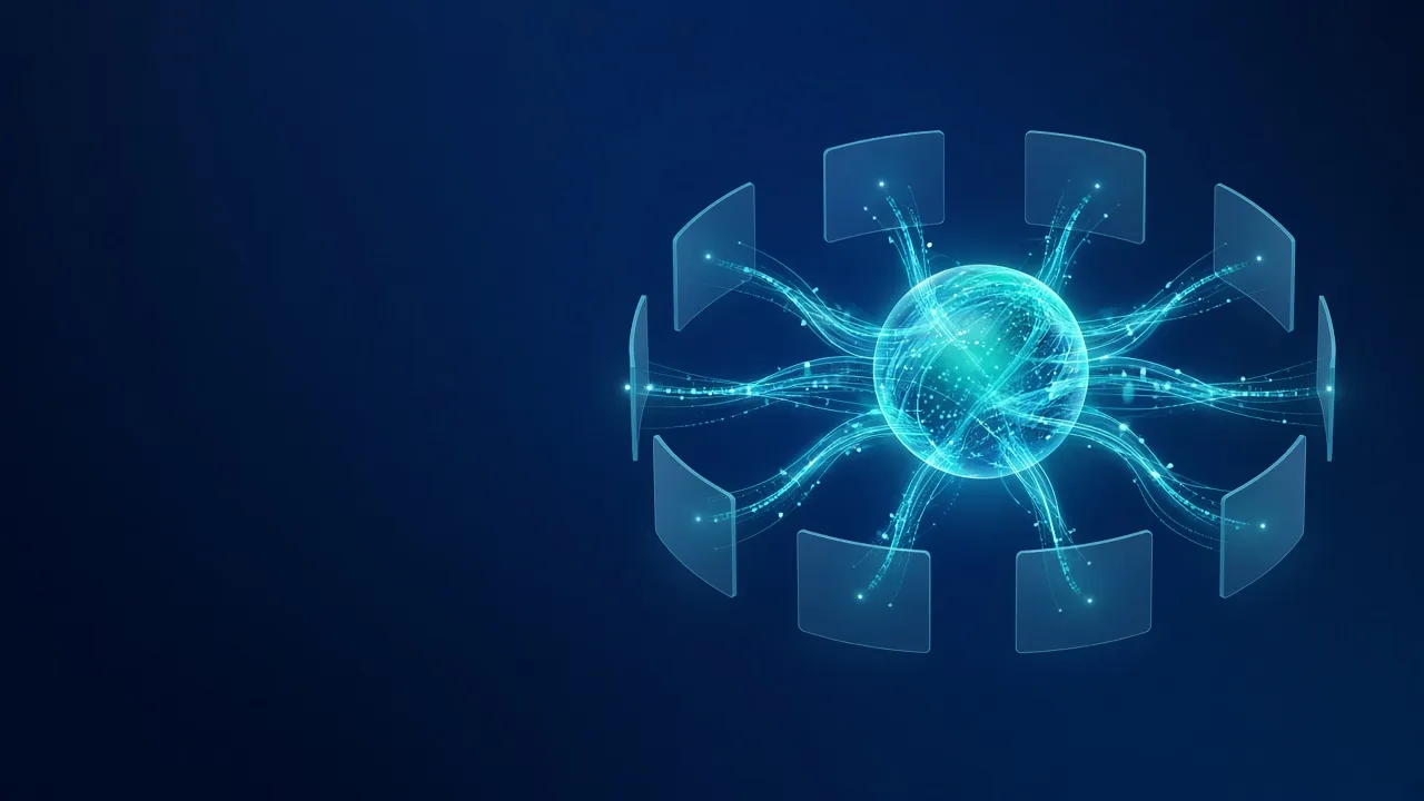 A glowing teal data core sending synchronised light paths to a ring of channel panels