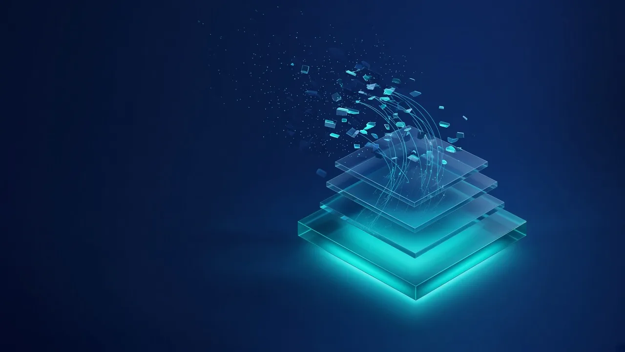 Fragmented glass layers dissolving and merging into one glowing teal foundation slab